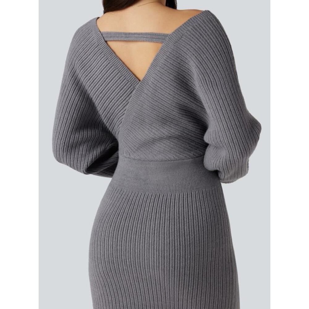 NWOT Halara V-neck Batwing Long Sleeve Split Bodycon Midi Sweater Dres - Picture 5 of 11